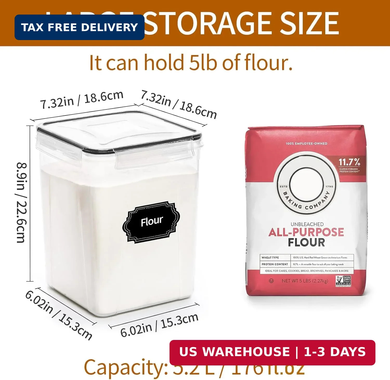 HKJ Chef 4 Pack Large Airtight Food Storage Containers with Lids (5.2L / 176oz),