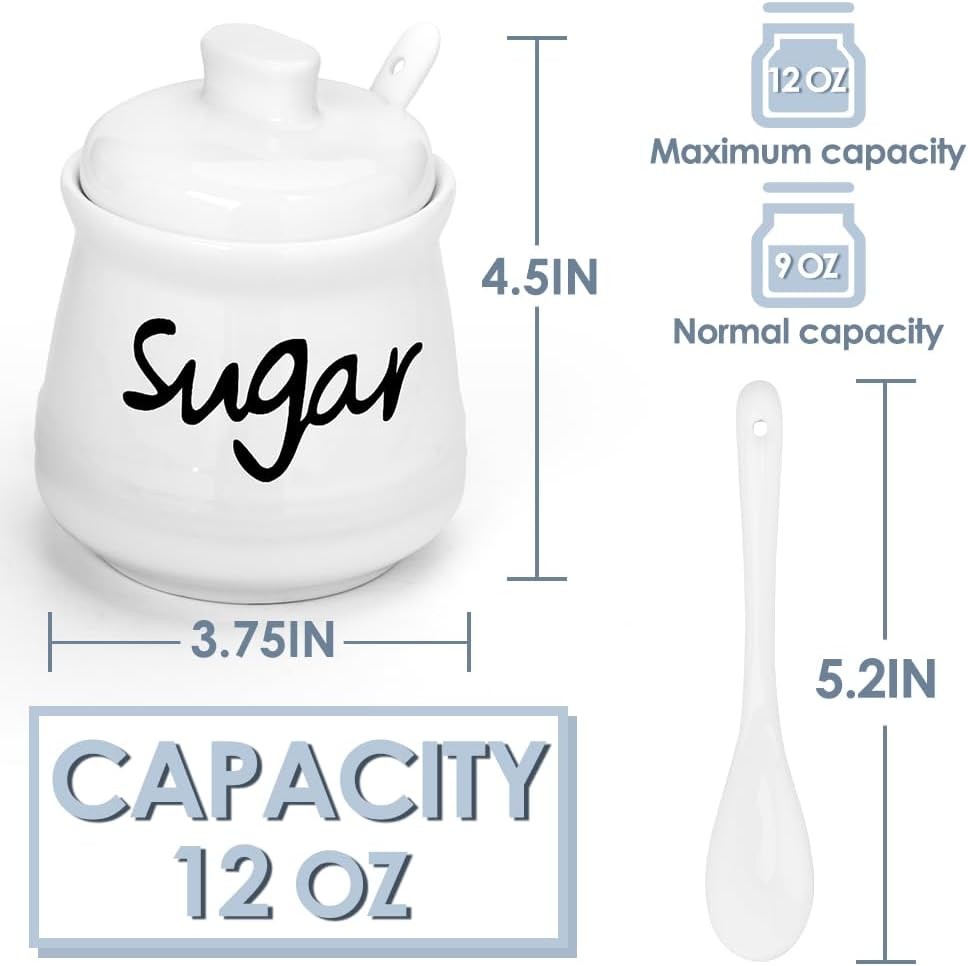 Ceramic Sugar Bowl with Lid and Spoon, 12 Ounces Porcelain 12ounce, White