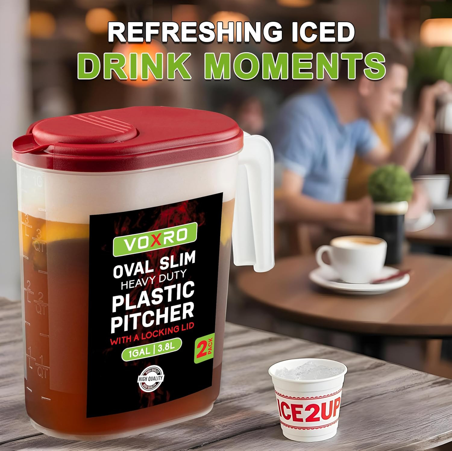 2-Pack Oval Slim Plastic Pitchers Lids 1 Gallon Flip-Top Pivot Spout Measuring
