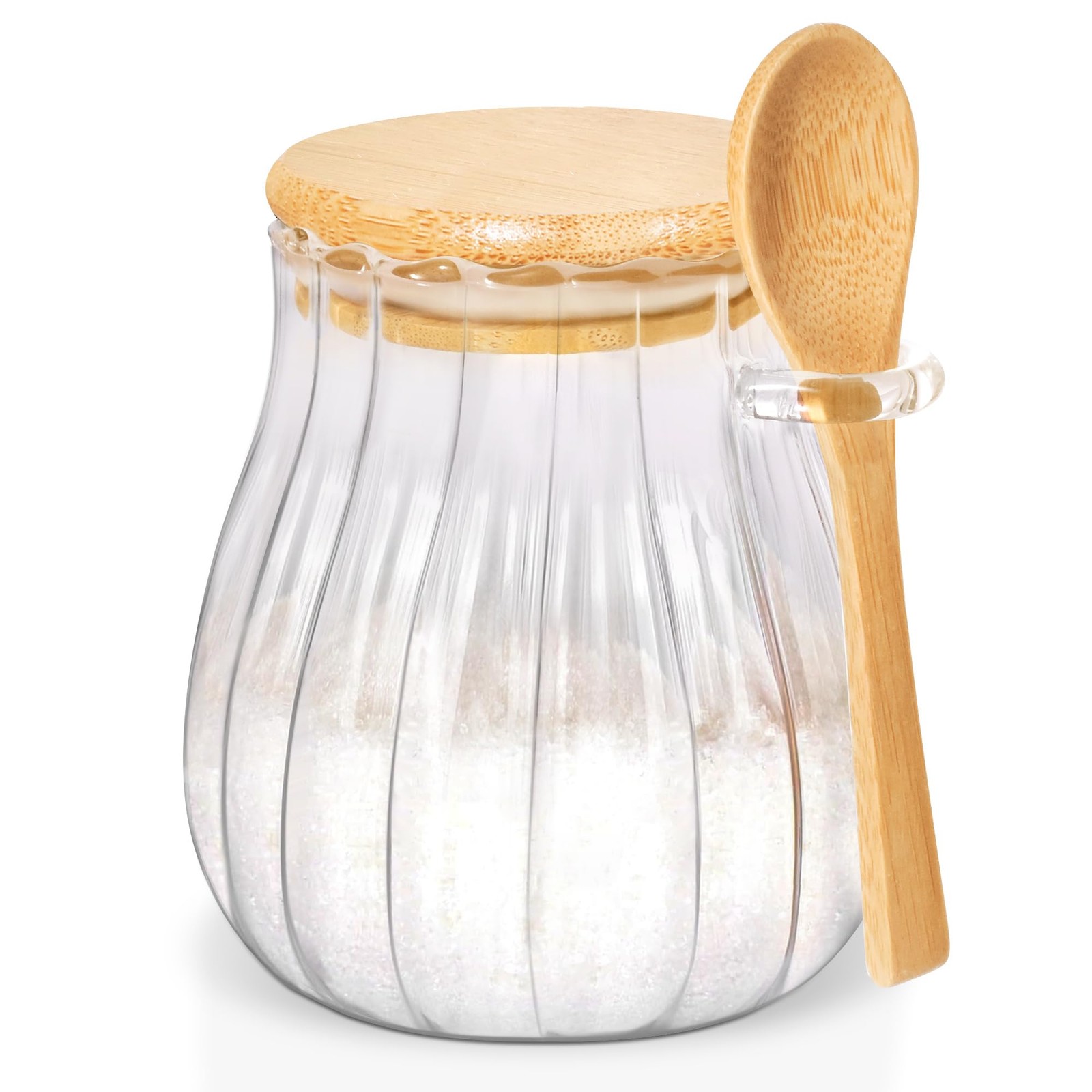 Quald 15oz Sugar Container with Bamboo Lid and Spoon,Sugar Bowl Medium, clear