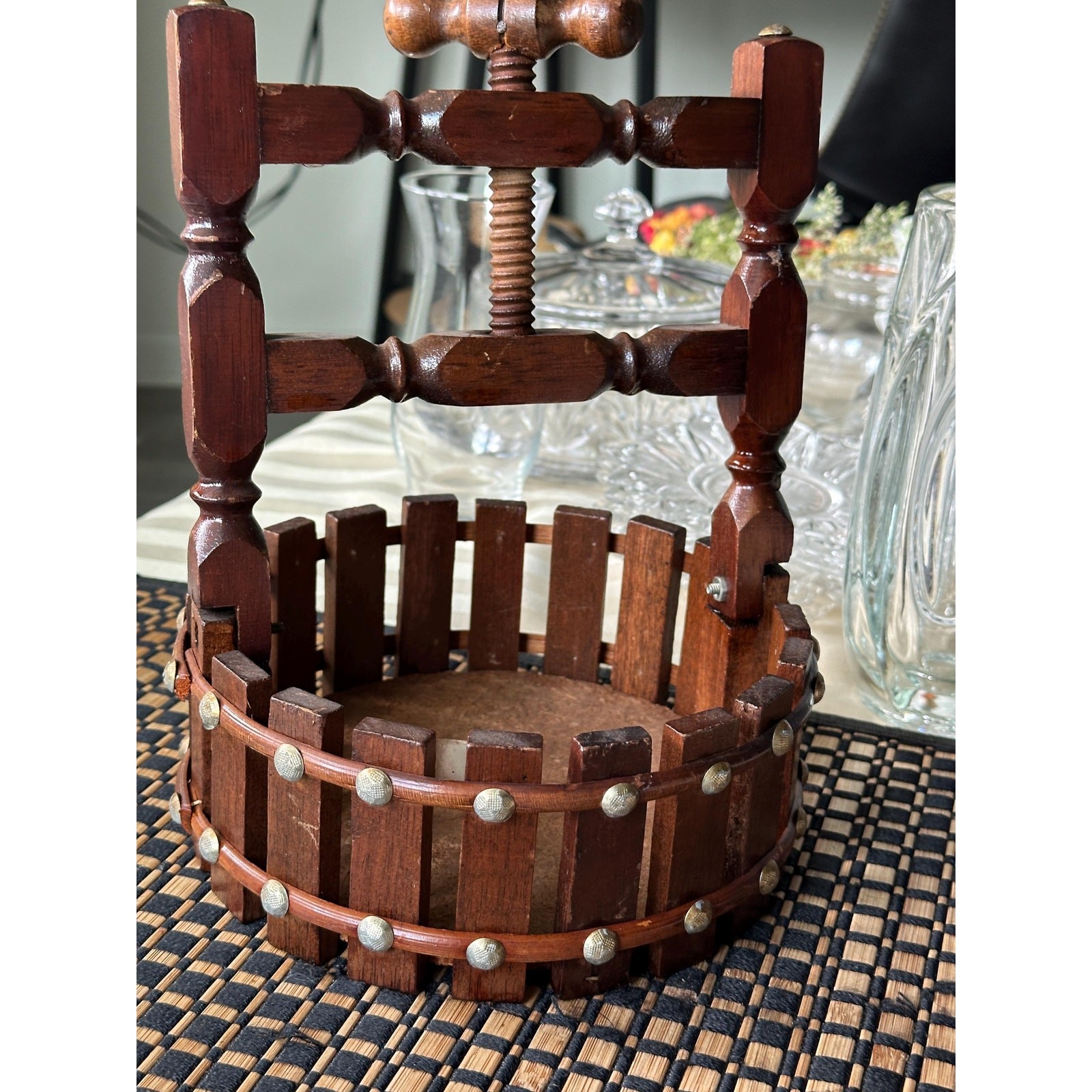Vintage Mini Wooden Wine Press Rustic Grape Decor Bar Cart Centerpiece