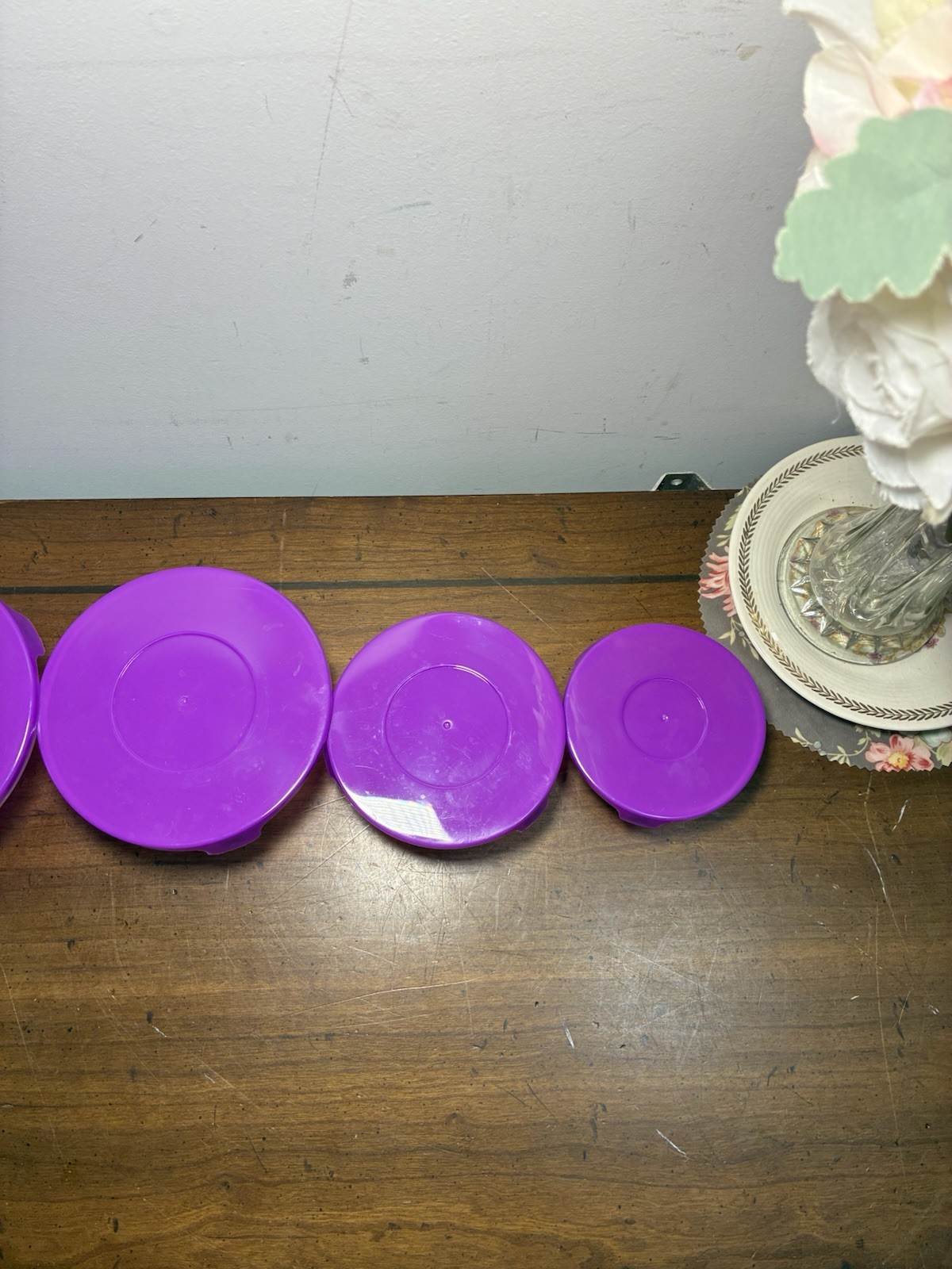 Vintage Durable Imperial 10p Nesting Glass Bowl Set w/ Purple Lids Floral Design