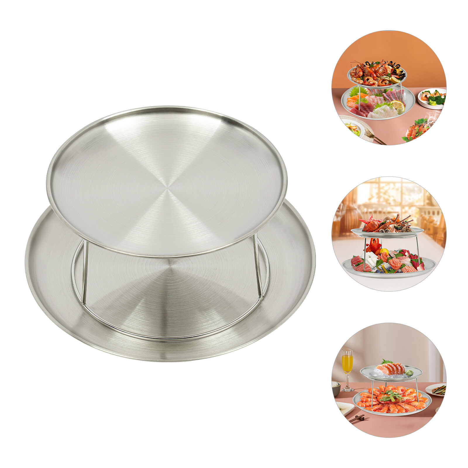 2-Tier Food Serving Riser Seafood Plate Round Plate Rack Silver Tray Stand NEW