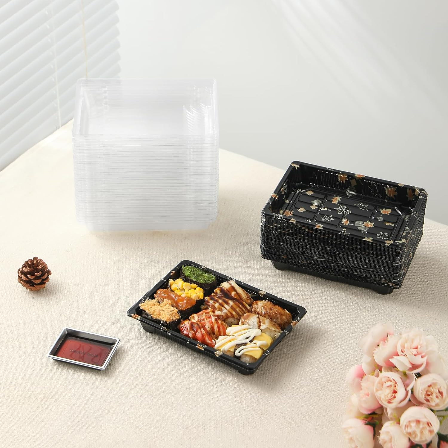 Vajilla Desechable 50 Piezas Bandejas Sushi Palillos Y Platos Soja Para Llevar