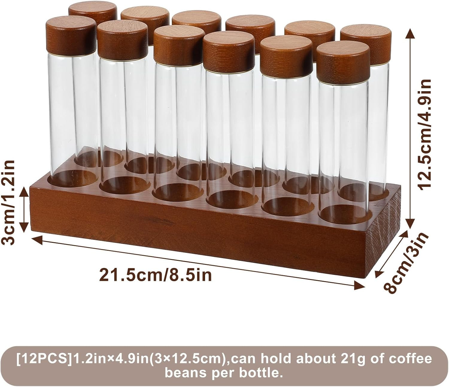 12-Pack Single Dose Coffee Bean Storage Tubes with Pine Wood Stand – Airtight Gl