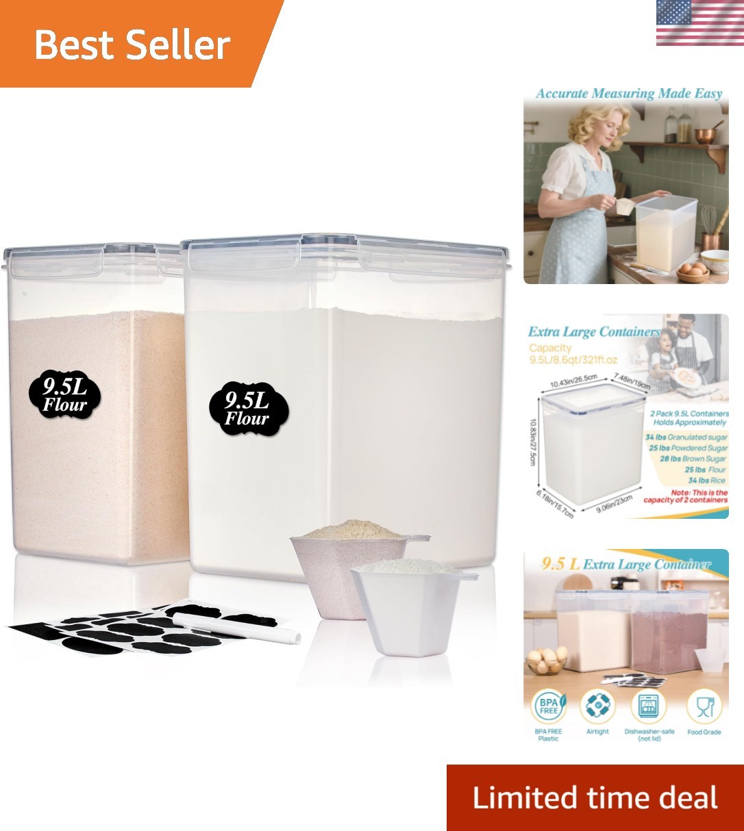 9.5L 2 Pack Extra Large Flour Sugar Storage Containers for 25lbs flour, Airti…
