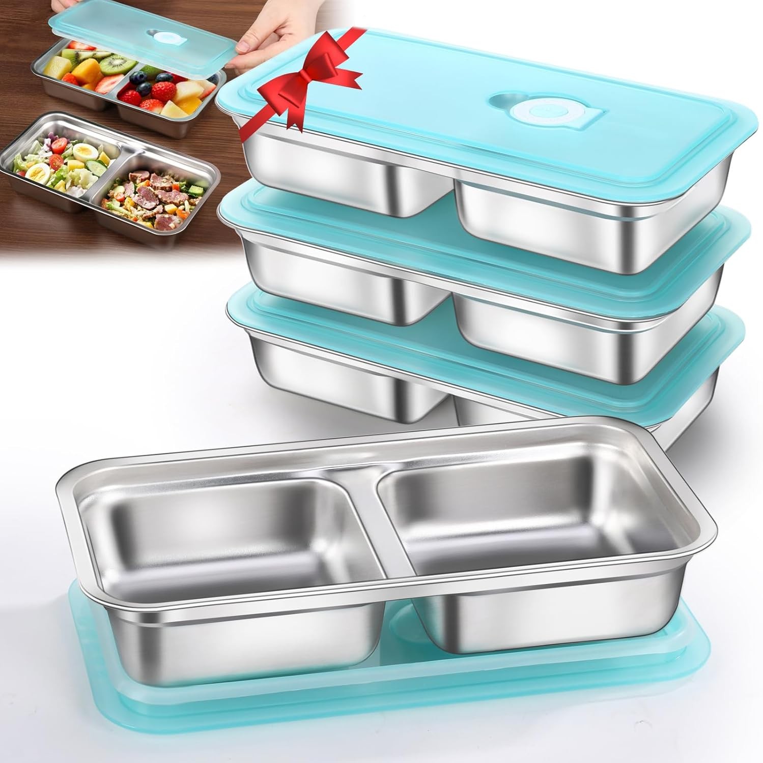 4 Pack Stainless Steel Snack Containers Reusable Grab and Go 2 Compartment Food
