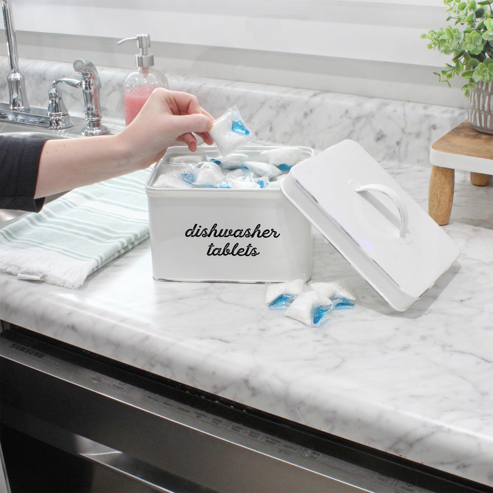 Dishwasher Pod Holder, Container; White Enamelware Rustic Kitchen Storage Tin…