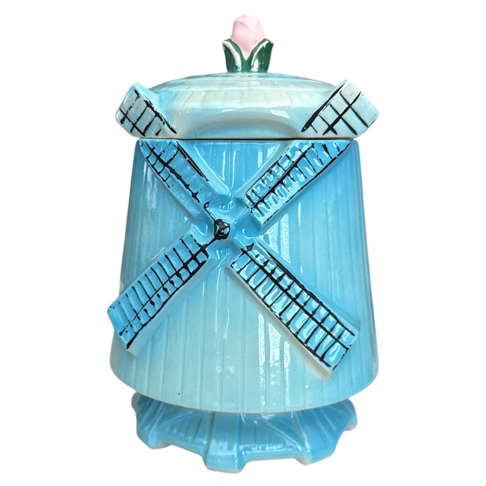 VTG 1960s McCoy Blue Windmill Cookie Jar Pink Rose Lid Farmhouse Kitchen