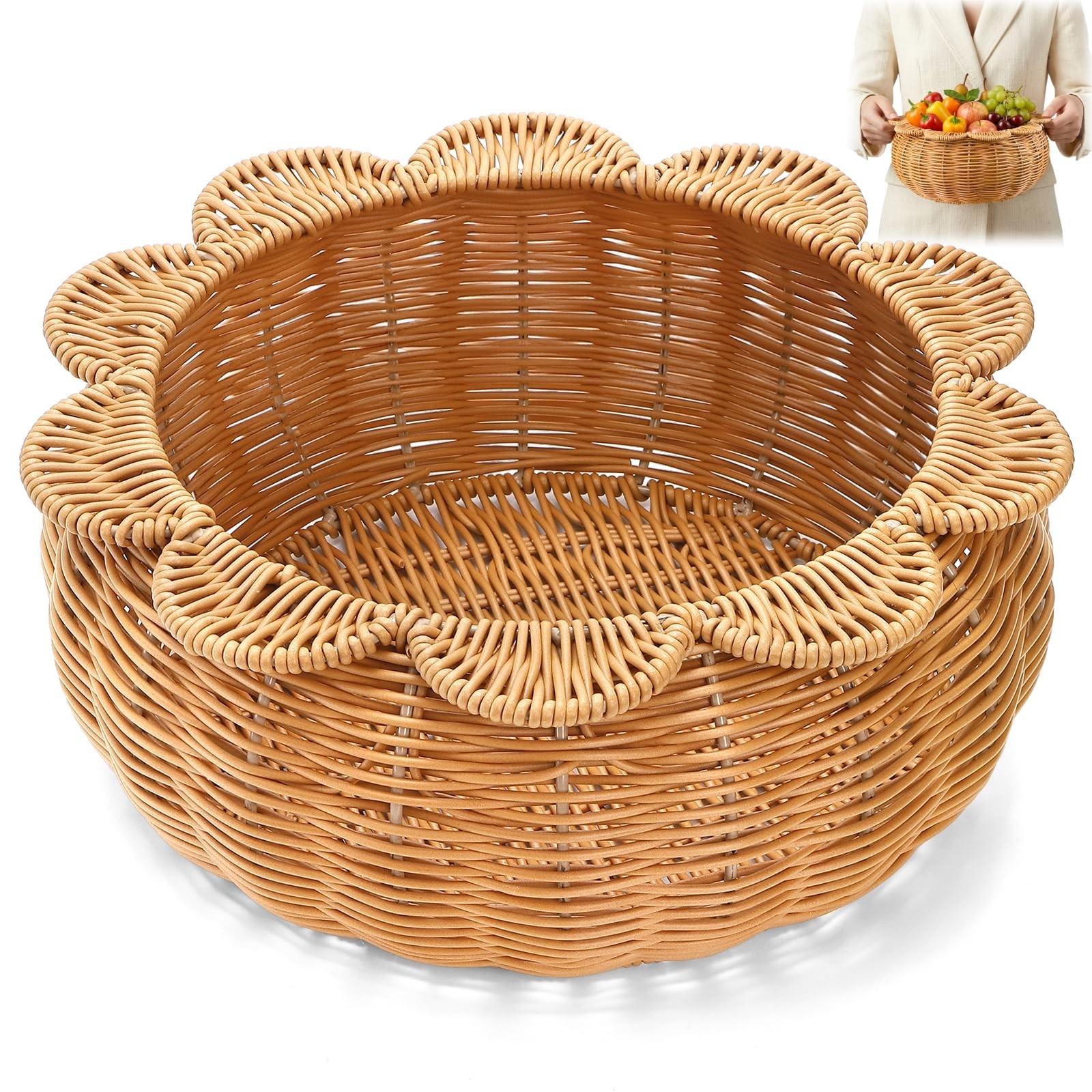 YIMITEE Scalloped Rattan Basket, 12 Inch Imitation Rattan Hand Woven Serving …