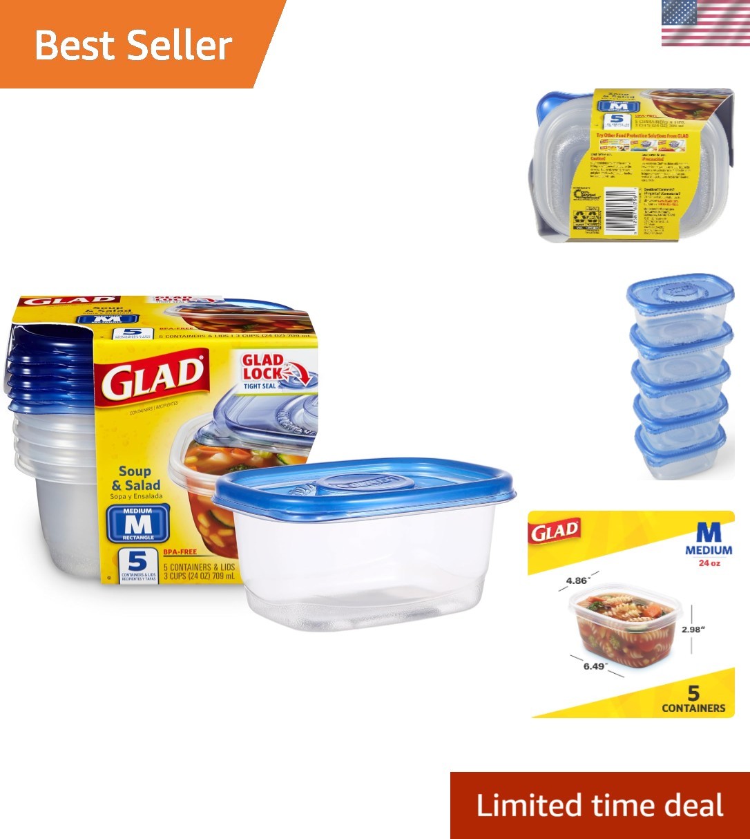 Airtight & Leak Resistant Medium Food Storage Containers for Meal Prep – 5 Pack