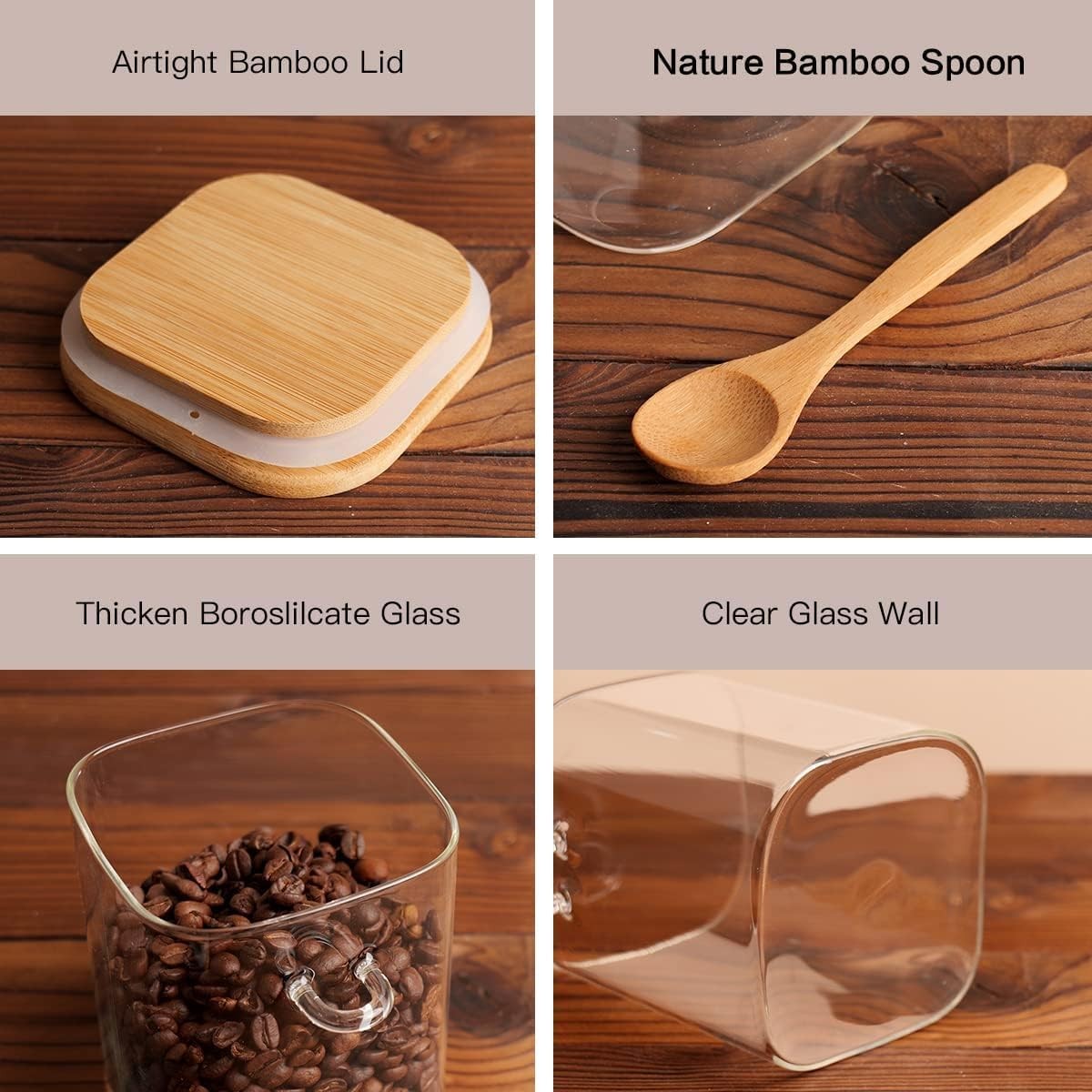 6 Pcs Square Glass Jar with Bamboo Lid and Spoon – 27 oz Large Sugar Container