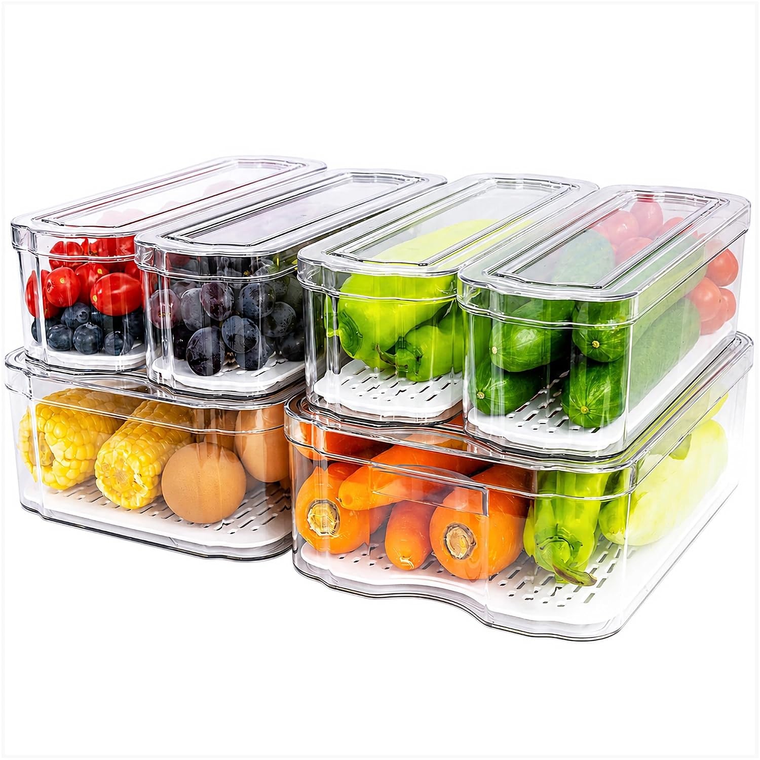Clear Stackable BPA Free PET Fridge Organizer Bins with Drain Trays 6 Bins