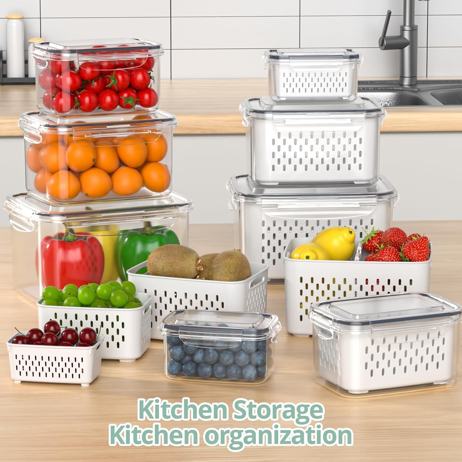 Fruit Storage Containers for Fridge with Removable Colander, 8 Pack Fruit Con…