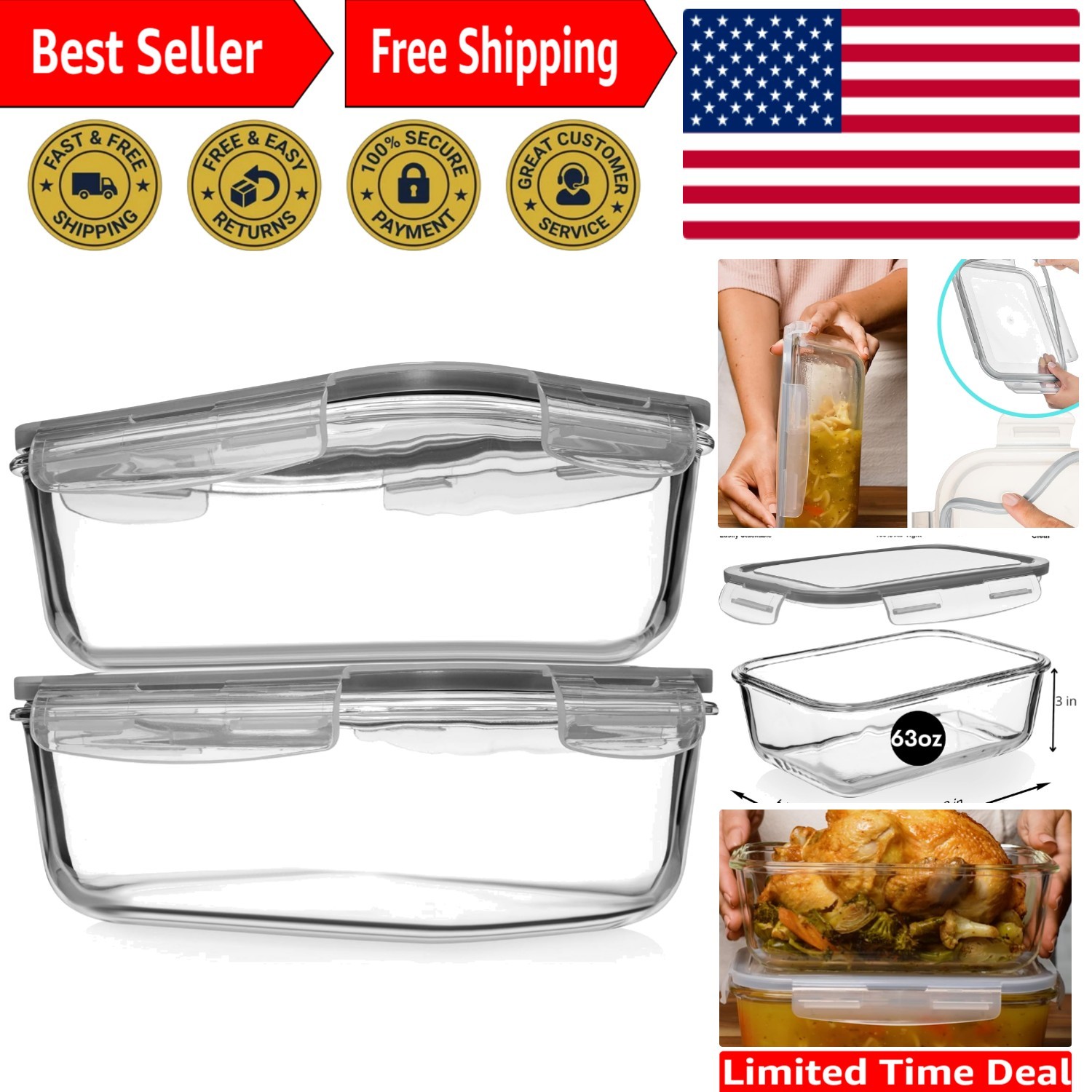 Clear 8 Cup Glass Containers with Locking Lids – Ideal for Meal Prep & Baking