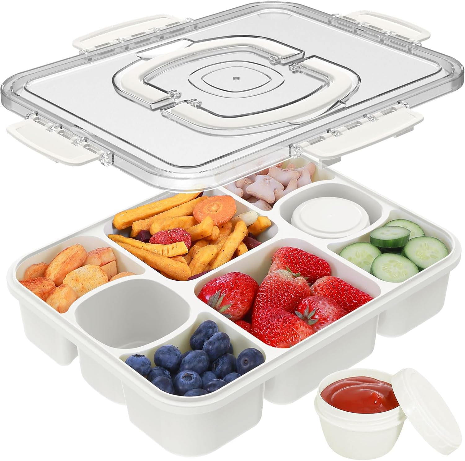 Snackle Box Container with 2 Sauce Cups – Large 8-Compartment Divided Serving Tr
