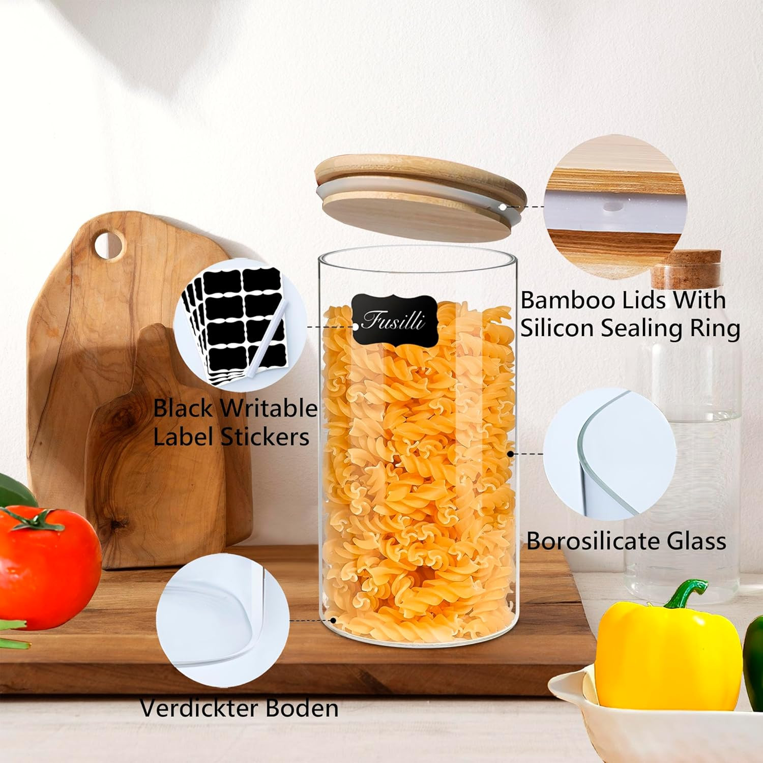 1.5 Qt round Glass Storage Containers with Lids, Clear Food Storage Container Ja