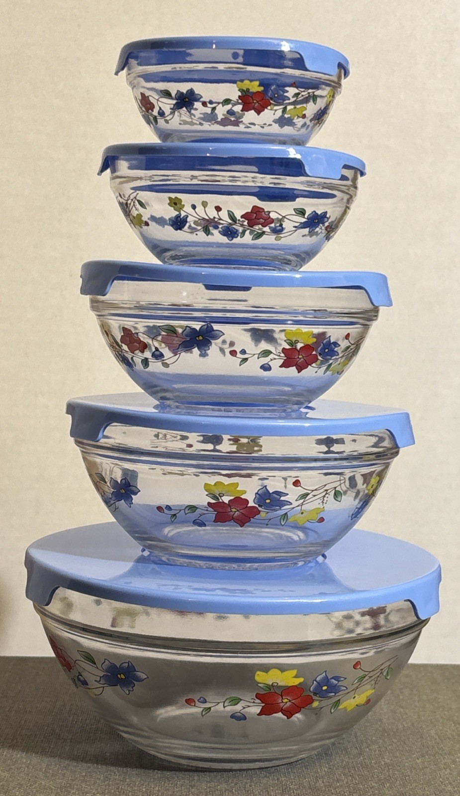 Vintage 5 Stackable/Nesting Food Storage Floral Glass With Lids