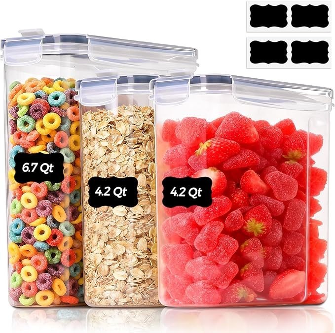 Set of 3 Airtight Cereal Containers Storage 6L & 4Lx2 For Pantry Organization