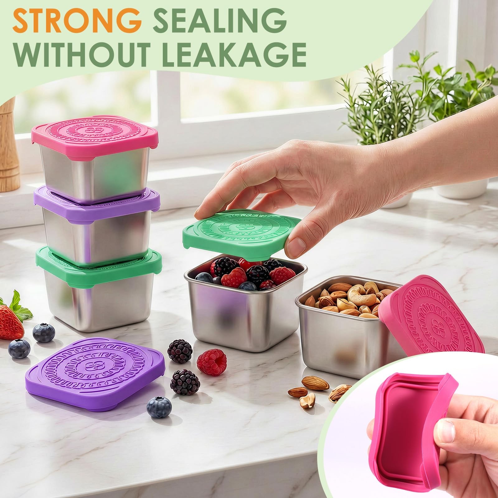 6 Pack 6oz Stainless Steel Snack Containers with Lid Leak Proof Salad Dressin…