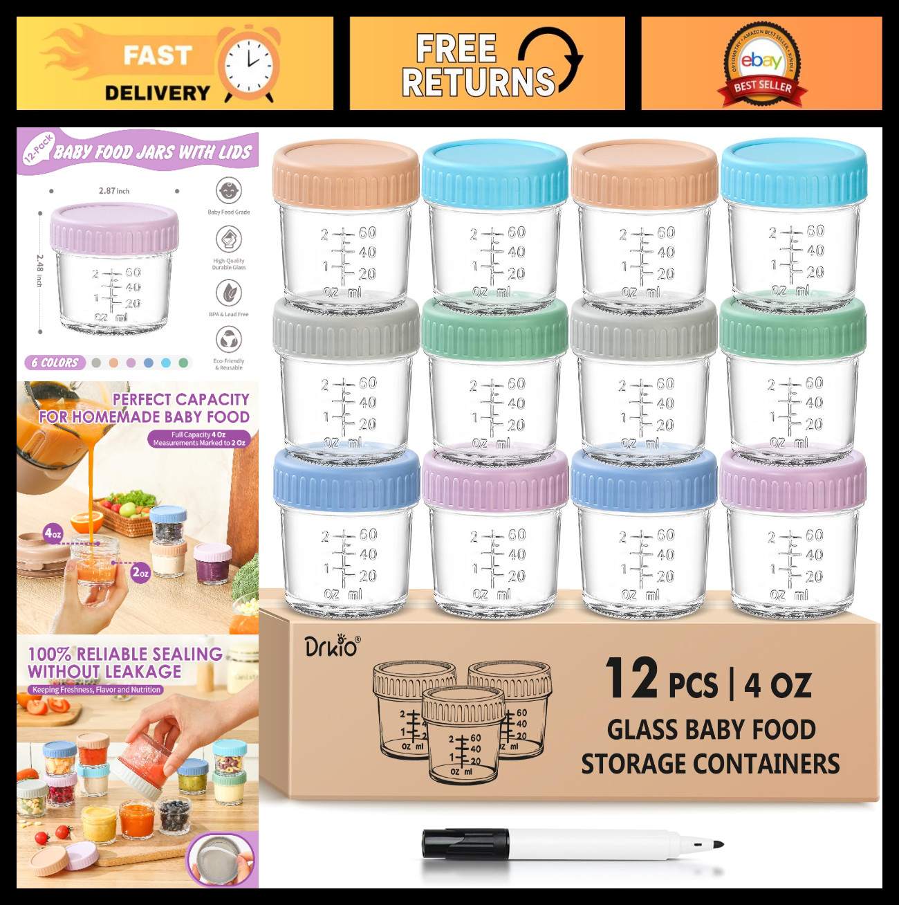 12 Pack 4 Oz Glass Baby Food Storage Containers – Leak Proof, BPA Free, Microwav