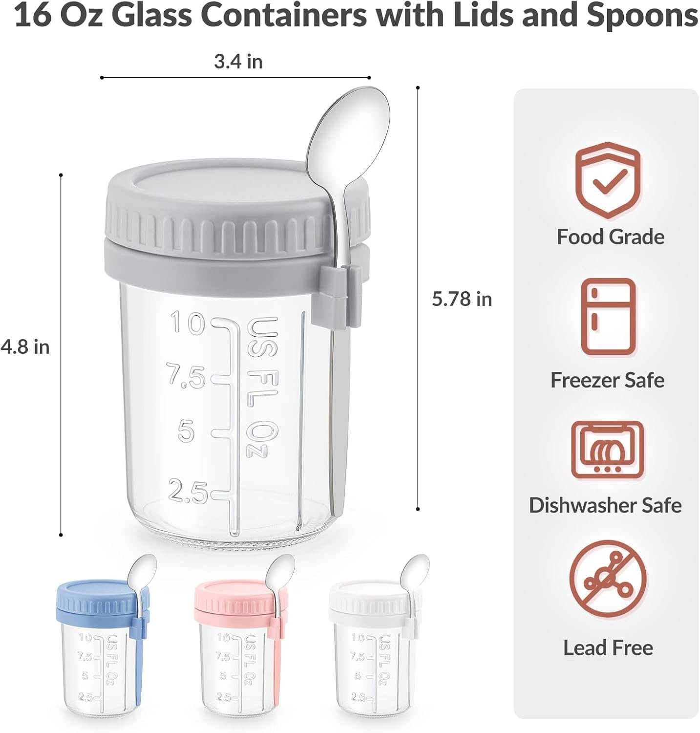 4 Pack Overnight Oats Containers with Lids and Spoons – DRKIO 16 Oz Glass Mason
