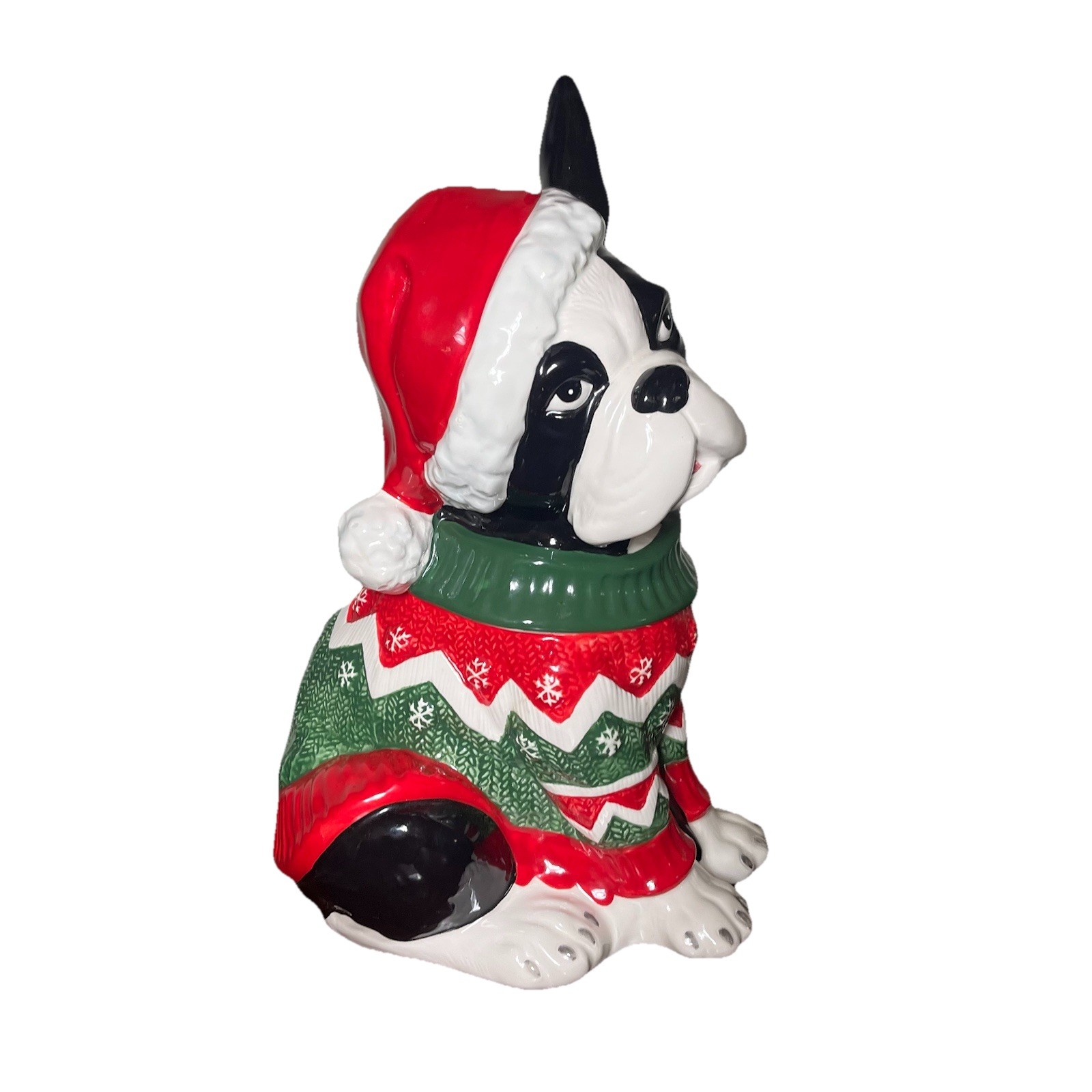 Blue Sky Clay Works Boston Terrier Christmas Cookie Jar Santa Hat Sweater 13.5”