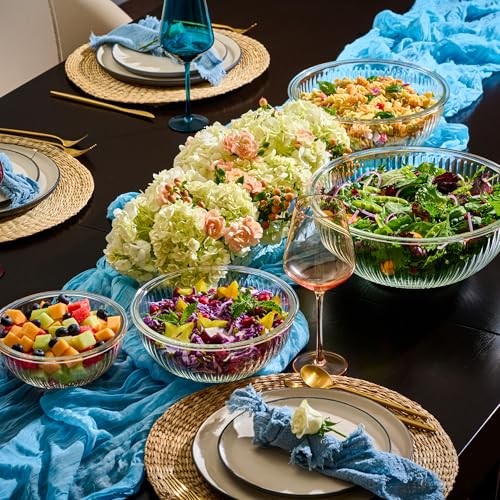 8pc Ribbed Glass Mixing Bowl Set with Airtight Lids Nesting Food Storage Kitchen