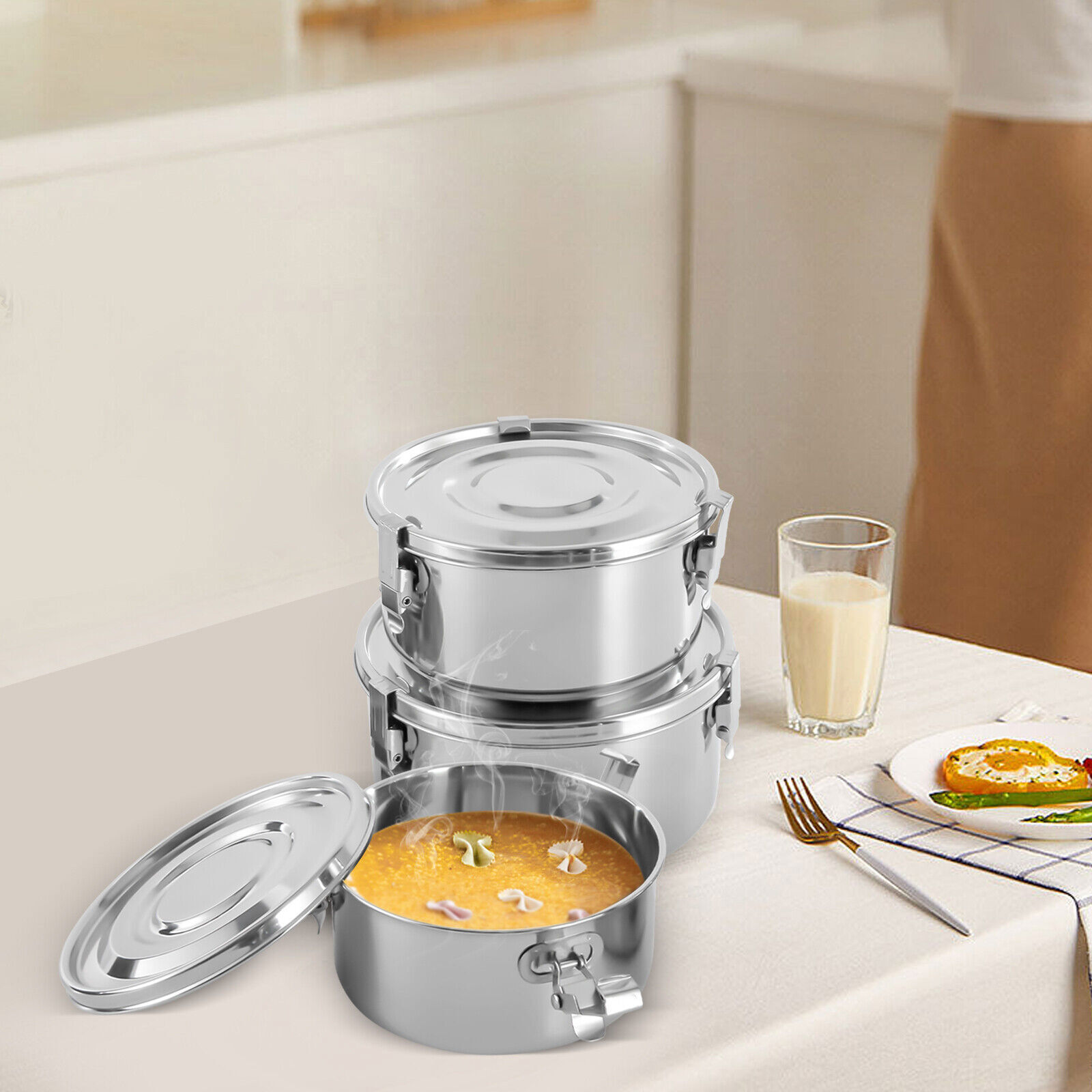 3-Piece 304 Stainless Steel Leak-Proof Food Storage Containers 650/1000/1600ml
