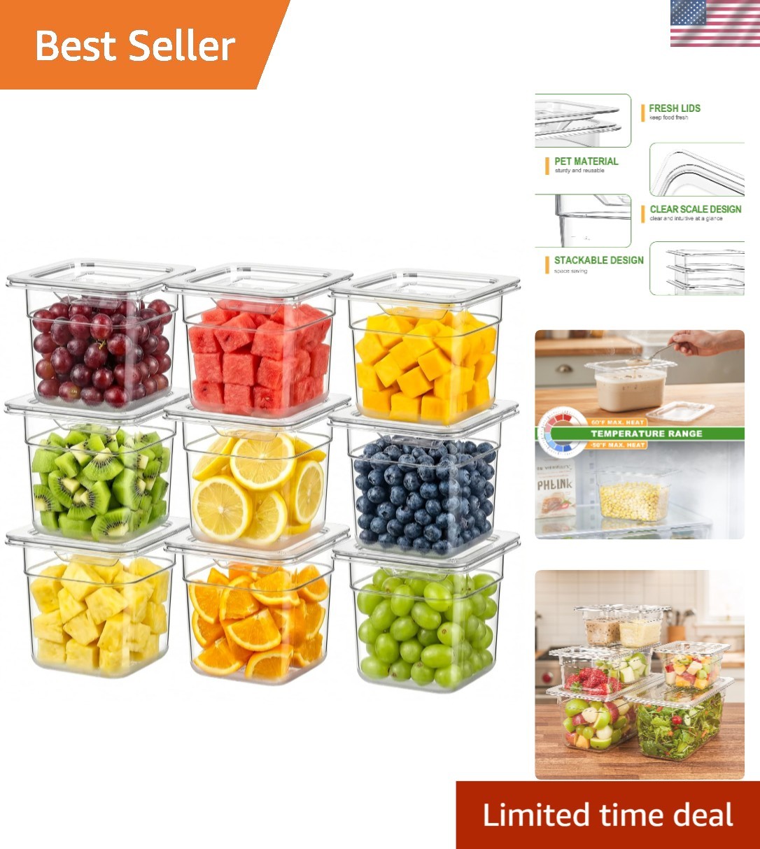 9-Pack NSF Certified 4” Deep Polycarbonate Food Storage Pans with Lids