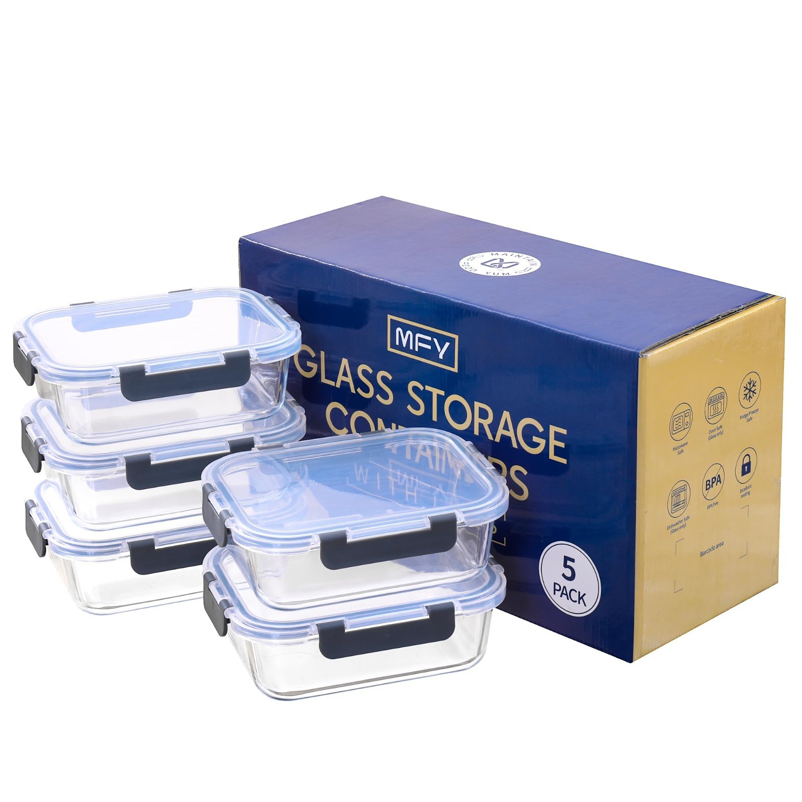 5-Pack 36 OZ Glass Storage Containers with Lids, Glass Meal Prep Containers Set,