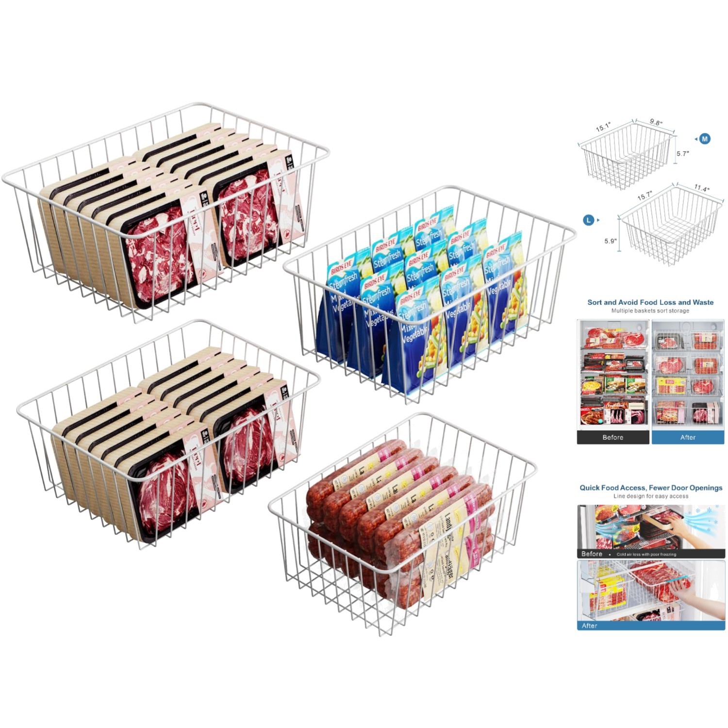 Elegant Slide-Out Freezer Bins – 2 Large & 2 Medium for Ultimate Freshness
