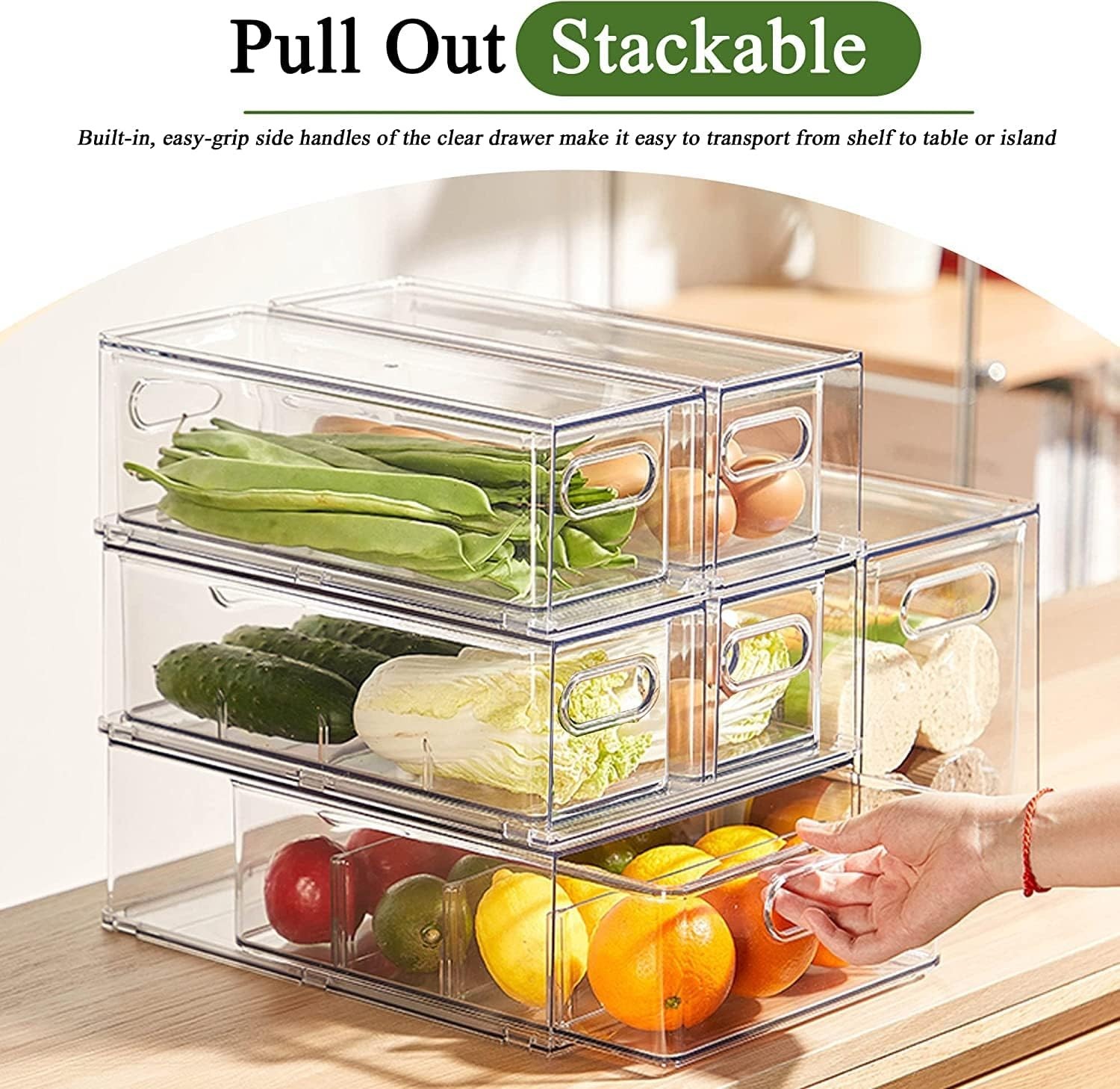 Stackable Clear Storage Drawer W/ 3 Dividers Pantry Shelf Fridge Organizer Fruit