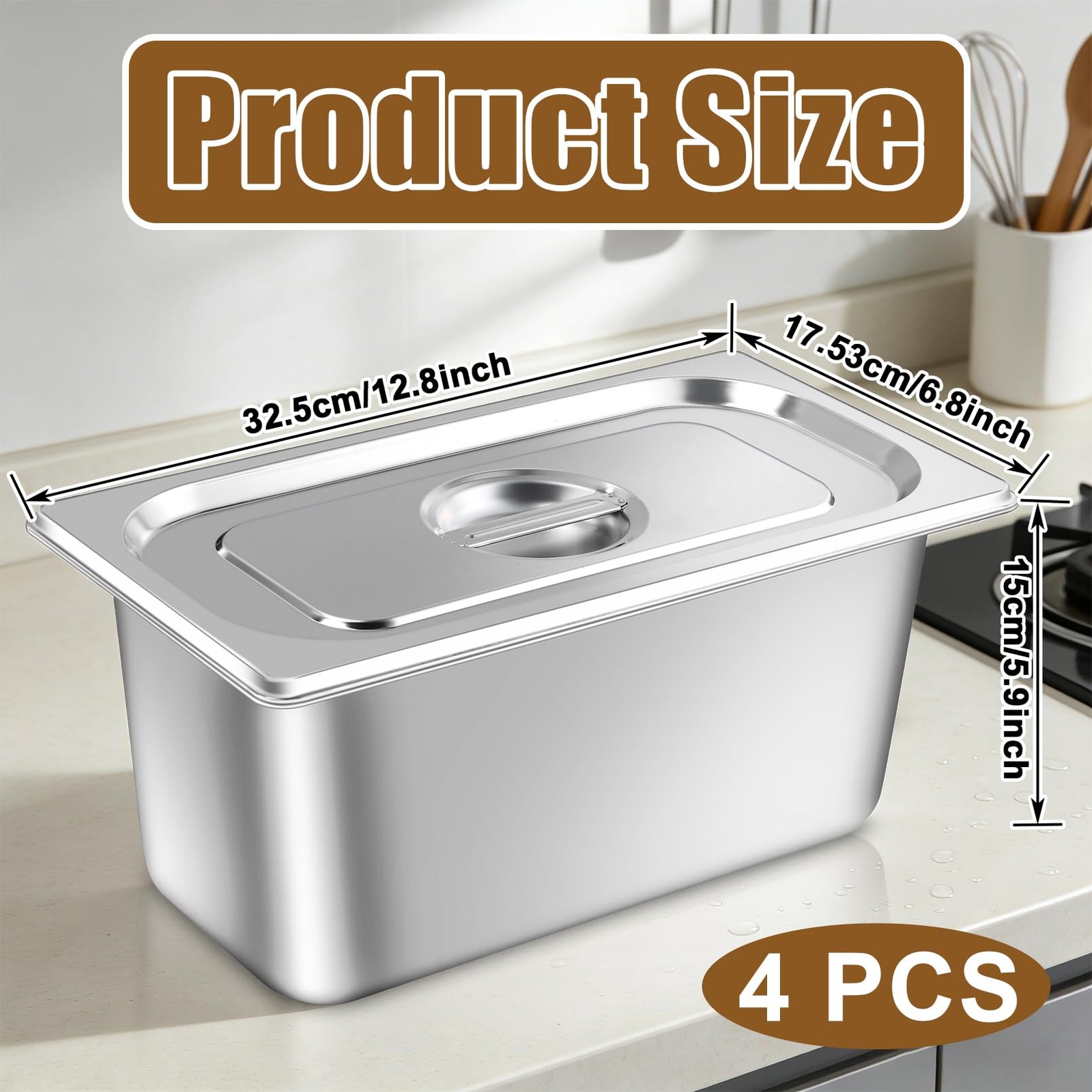 4 PCS 1/3 Size x 6 Inch Deep Stainless Steel Steam Table Hotel Pan Lid Buffet