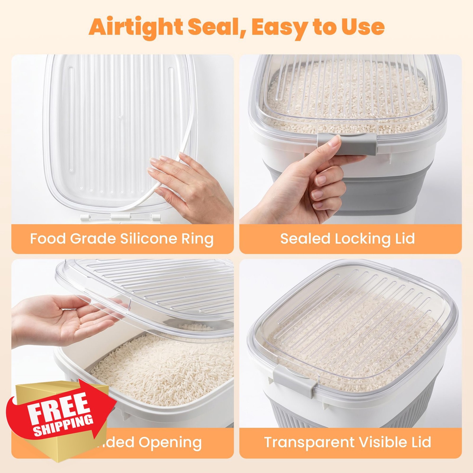 NURYO Grey 50lbs Rice Storage Container