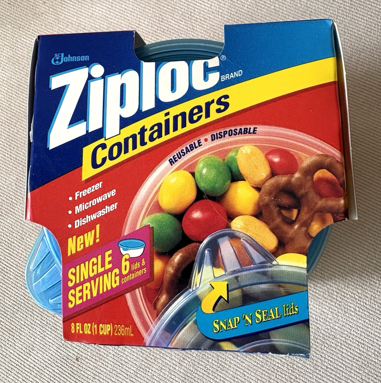 Ziploc Vintage 1998 Snap’n Seal Single Serve 8fl.oz./1 Cup 6 Storage Containers