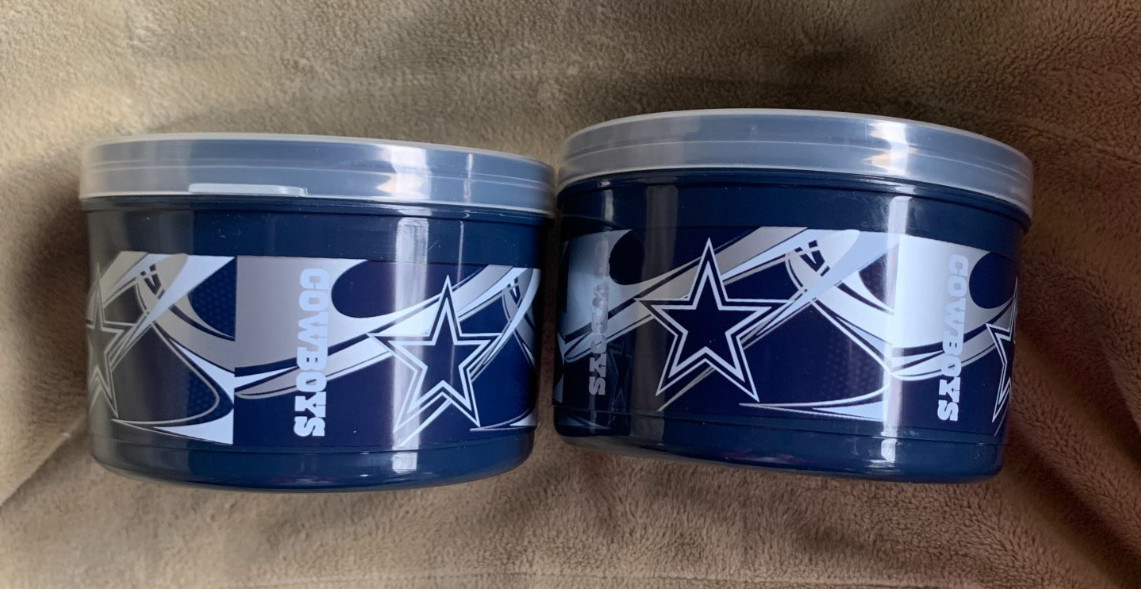 (B03) TWO -NFL DALLAS COWBOYS Plastic Dip Snack Container W/Lid 11.5oz-Licensed