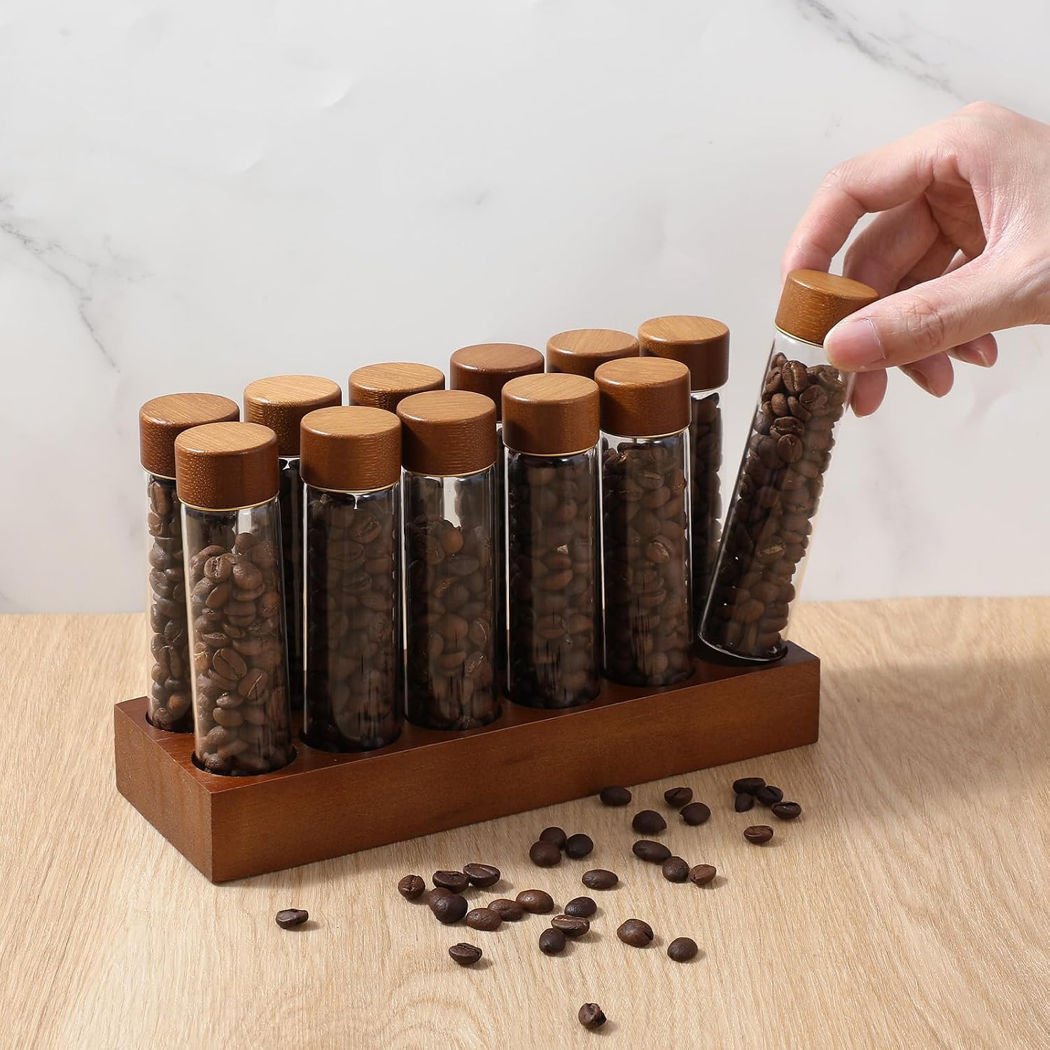 12-Pack Single Dose Coffee Bean Storage Tubes with Pine Wood Stand – Airtight Gl