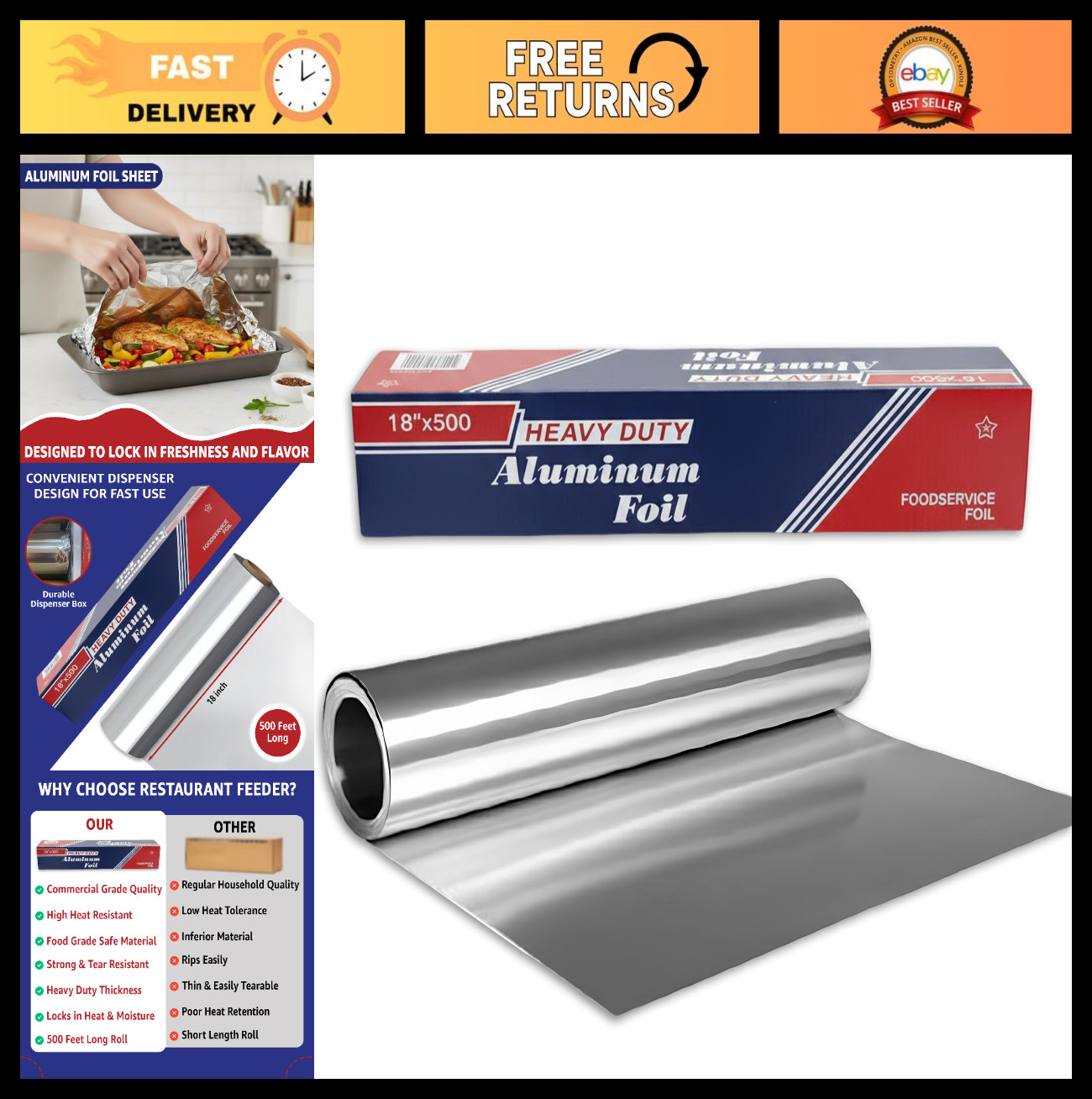 18″ x 500′ Heavy Duty Food Safe Aluminum Foil Roll – Tear Resistant for Cooking