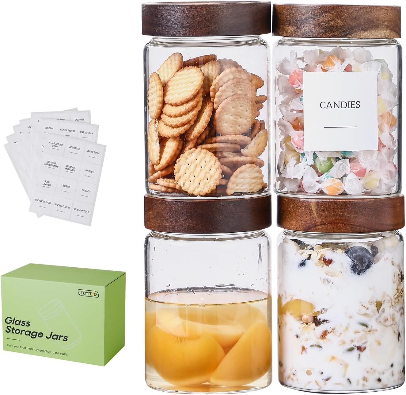 Glass Jars with Wood Lid Screw 4 Pack(27 Oz), High Borosilicate Glass
