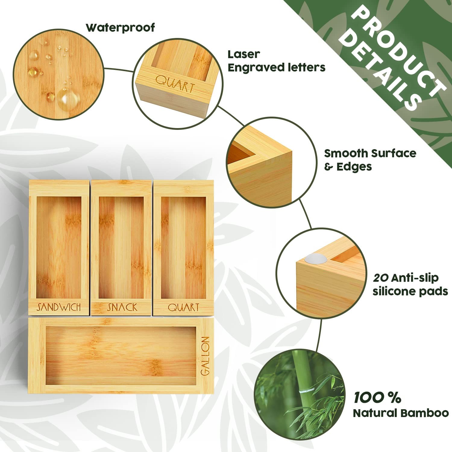 Bamboo Storage Bag Organizer, 4 Separate Food Storage Bags, 12×14 Baggie Orga…