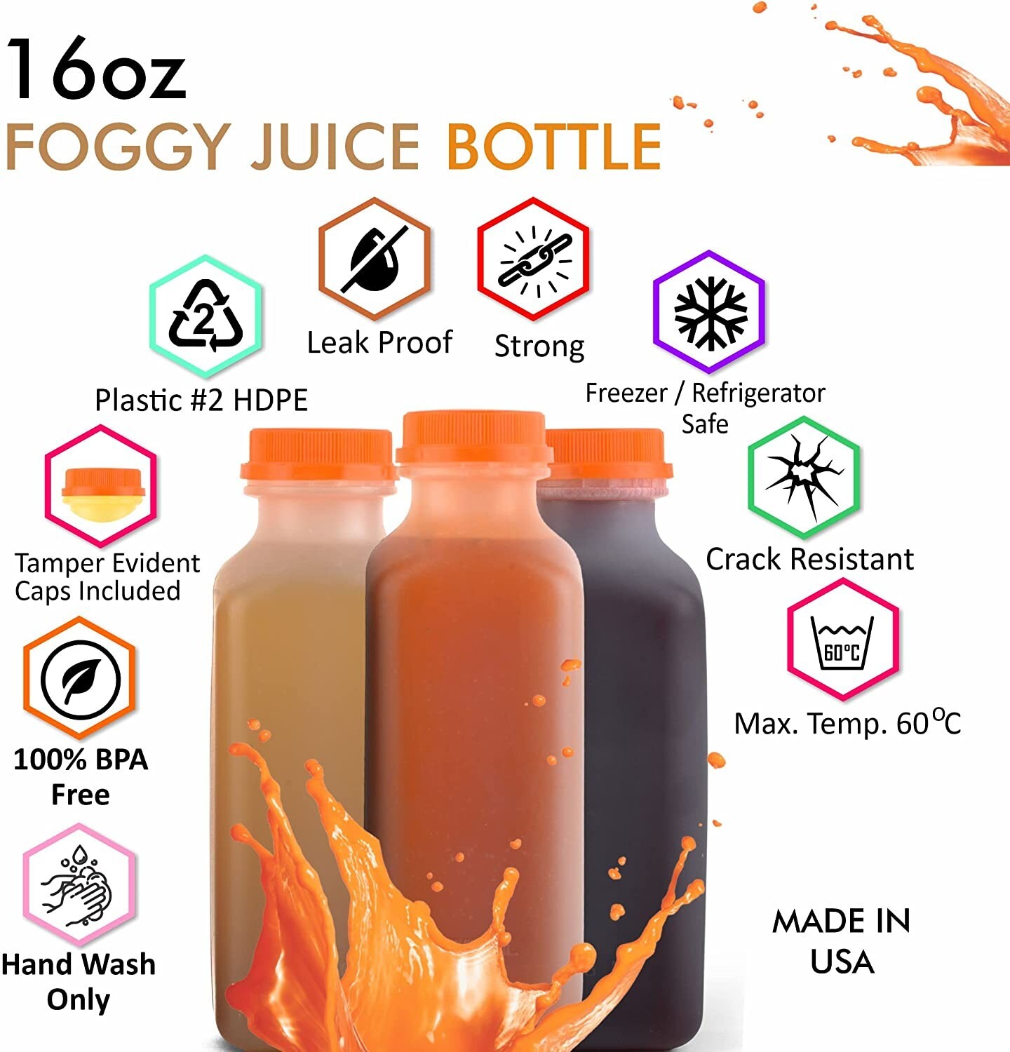 5 Pack Empty Translucent Plastic Juice Bottles with Tamper Evident Caps 16 Oz.