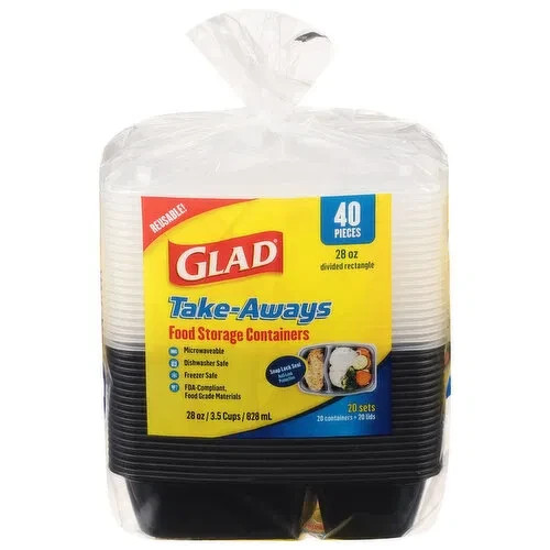 Glad Divided Food Storage Containers Rectangle 28 oz – 20 Sets (40 Pc Total)