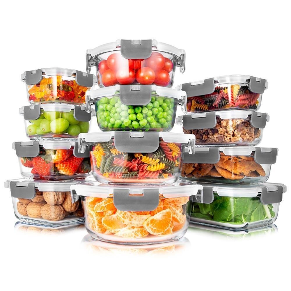 SereneLife 12Pcs. Glass Food Storage Containers Set-BPA-free Locking lids (Gray)