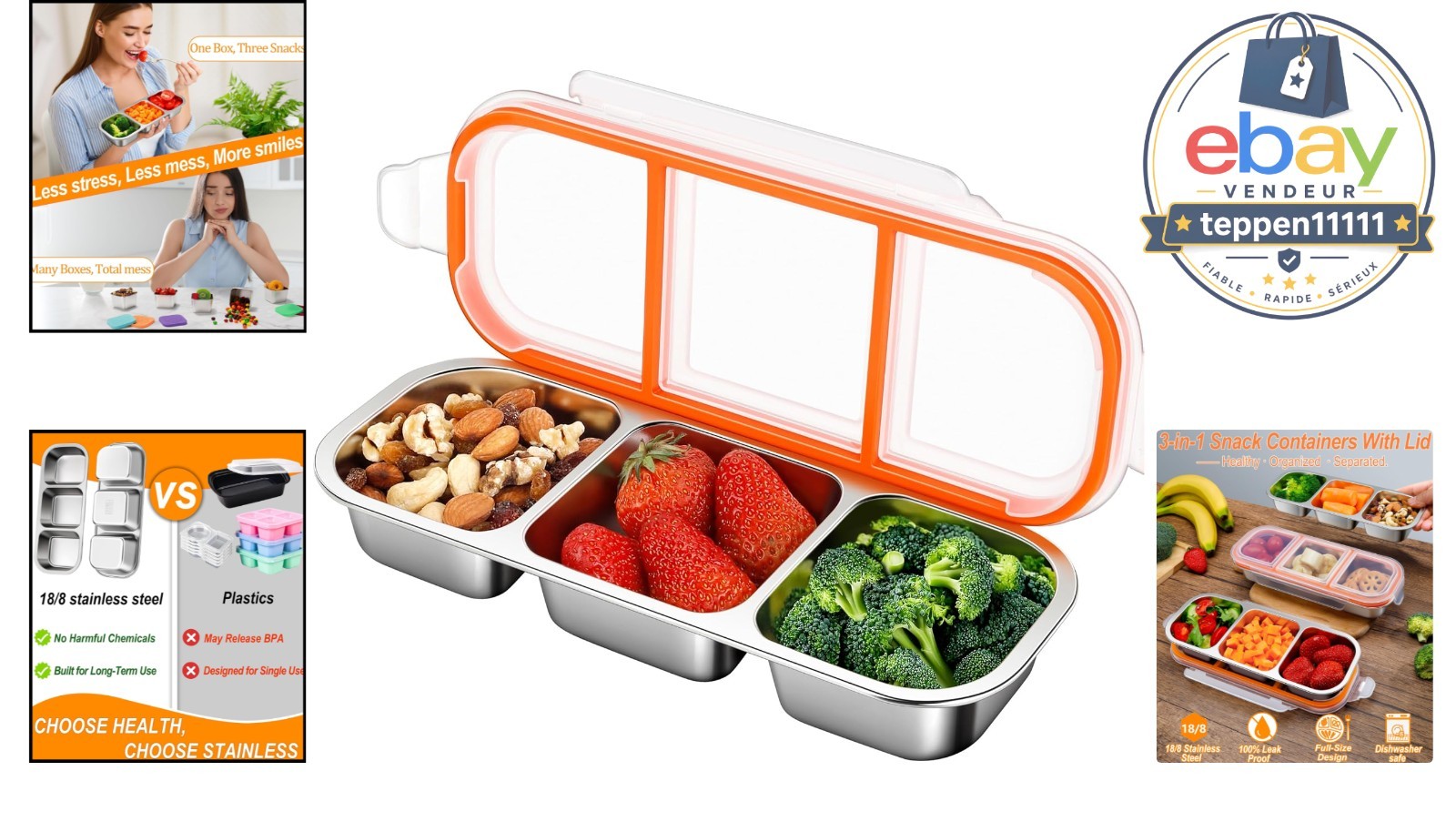Stainless Steel Snack Container Large Leak-Proof 3-Compartment Lunch Box