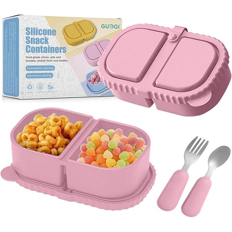 All-in-One Silicone Snack Container Set W/ Stainless Steel Utensils Kids New