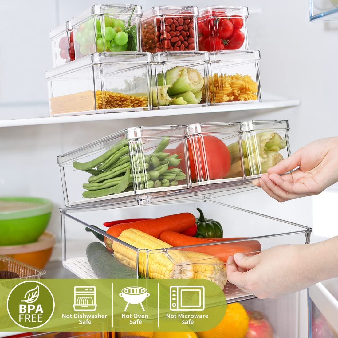 10 Pack Refrigerator Pantry Organizer Bins, Stackable Fridge Organizer Bins with