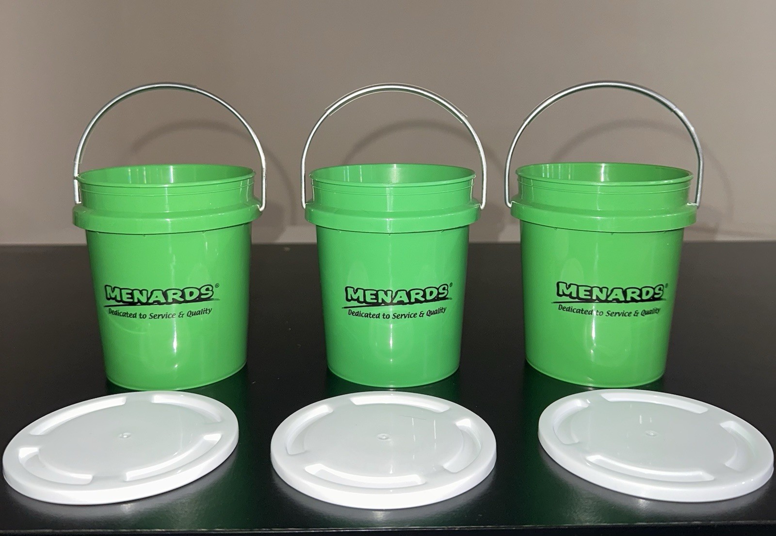 NEW! Set Of 3 Menards 400mL Mini Paint Pail Bucket W/ Lids & Steel Handle