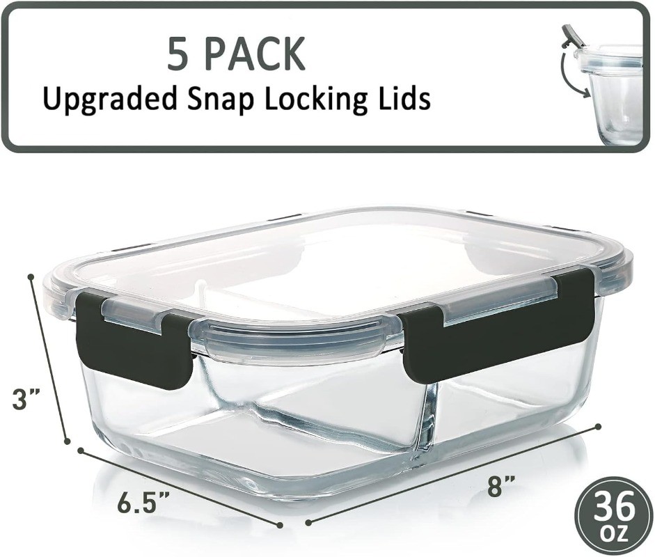 [5-Pack,36 Oz] Glass Meal Prep Containers 2 Compartments