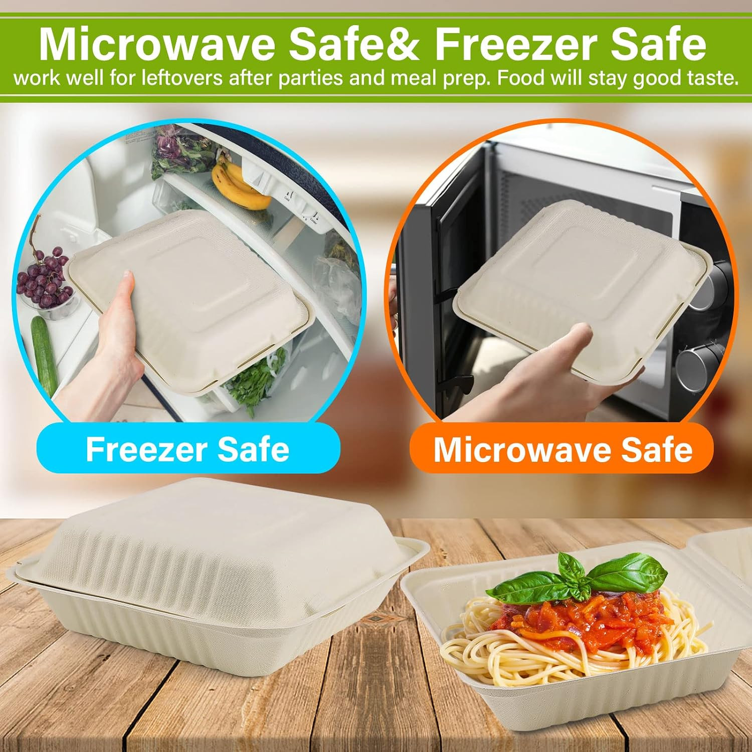 Compostable Take Out Food Container 8X8, 50 Pack Disposable to Go Food Boxes, Bi